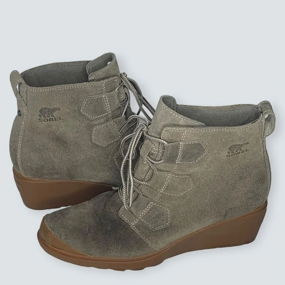 Sorel Wedges in Taupe Suede with Gum Soles